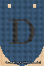 A simulated image of the stitched needlepoint design: Banner 13m Rounded D Black on Blue. Not A.I. generated.