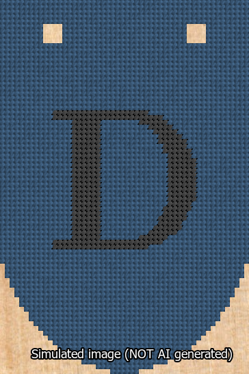 A simulated image of the stitched needlepoint design: Banner 13m Rounded D Black on Blue. Not A.I. generated.