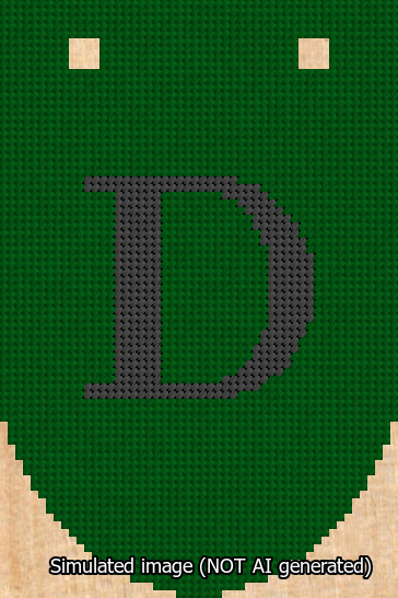 A simulated image of the stitched needlepoint design: Banner 13m Rounded D Black on Green. Not A.I. generated.