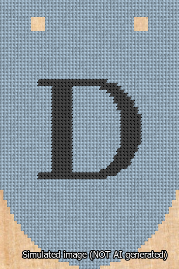 A simulated image of the stitched needlepoint design: Banner 13m Rounded D Black on Light Blue. Not A.I. generated.