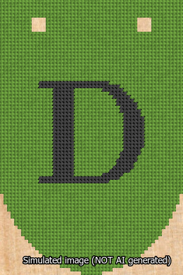 A simulated image of the stitched needlepoint design: Banner 13m Rounded D Black on Light Green. Not A.I. generated.