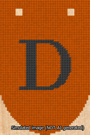 A simulated image of the stitched needlepoint design: Banner 13m Rounded D Black on Orange. Not A.I. generated.