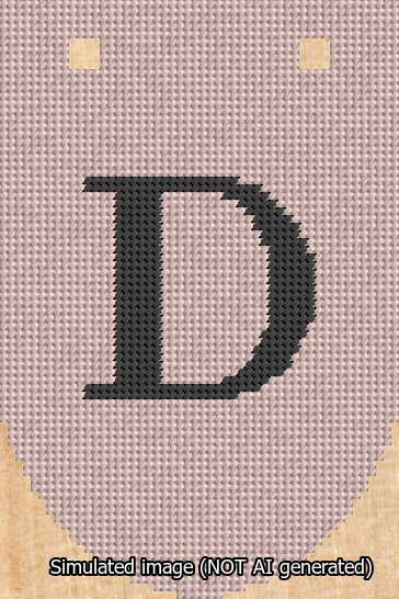 A simulated image of the stitched needlepoint design: Banner 13m Rounded D Black on Pink. Not A.I. generated.