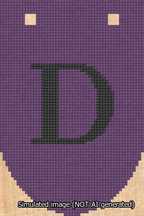 A simulated image of the stitched needlepoint design: Banner 13m Rounded D Black on Purple. Not A.I. generated.