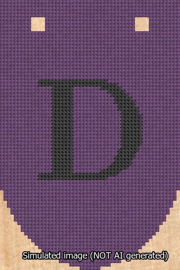 A simulated image of the stitched needlepoint design: Banner 13m Rounded D Black on Purple. Not A.I. generated.
