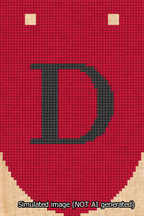 A simulated image of the stitched needlepoint design: Banner 13m Rounded D Black on Red. Not A.I. generated.