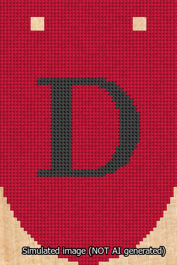 A simulated image of the stitched needlepoint design: Banner 13m Rounded D Black on Red. Not A.I. generated.