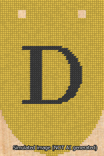 A simulated image of the stitched needlepoint design: Banner 13m Rounded D Black on Yellow. Not A.I. generated.