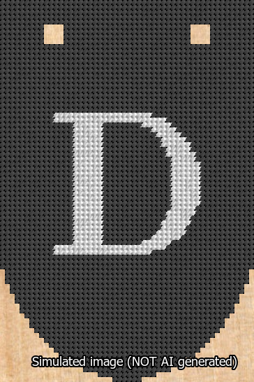 A simulated image of the stitched needlepoint design: Banner 13m Rounded D White on Black. Not A.I. generated.