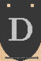 A simulated image of the stitched needlepoint design: Banner 13m Rounded D White on Black. Not A.I. generated.