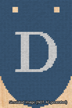 A simulated image of the stitched needlepoint design: Banner 13m Rounded D White on Blue. Not A.I. generated.