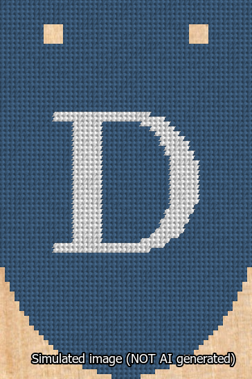 A simulated image of the stitched needlepoint design: Banner 13m Rounded D White on Blue. Not A.I. generated.