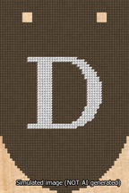 A simulated image of the stitched needlepoint design: Banner 13m Rounded D White on Brown. Not A.I. generated.