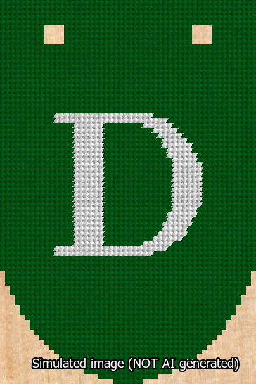 A simulated image of the stitched needlepoint design: Banner 13m Rounded D White on Green. Not A.I. generated.
