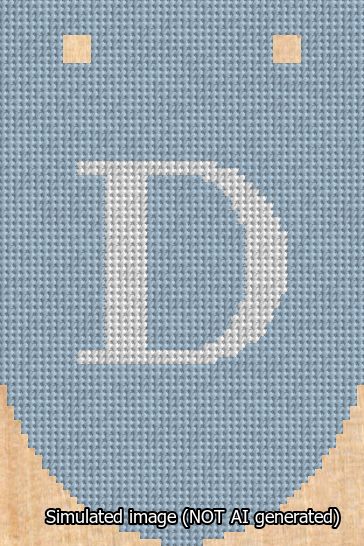 A simulated image of the stitched needlepoint design: Banner 13m Rounded D White on Light Blue. Not A.I. generated.