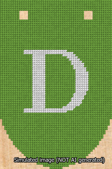 A simulated image of the stitched needlepoint design: Banner 13m Rounded D White on Light Green. Not A.I. generated.