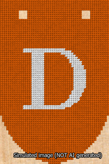 A simulated image of the stitched needlepoint design: Banner 13m Rounded D White on Orange. Not A.I. generated.