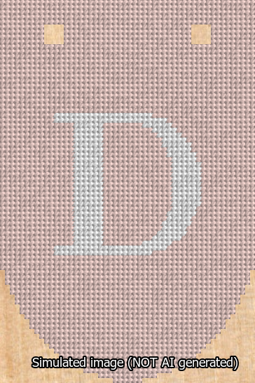 A simulated image of the stitched needlepoint design: Banner 13m Rounded D White on Pink. Not A.I. generated.