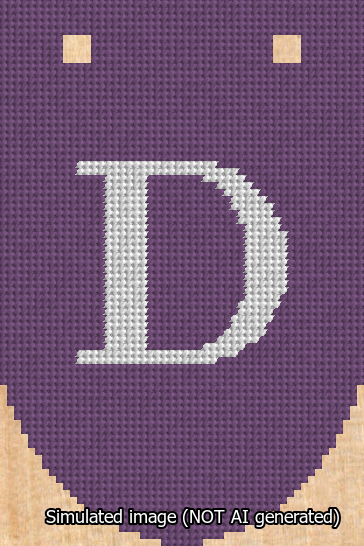 A simulated image of the stitched needlepoint design: Banner 13m Rounded D White on Purple. Not A.I. generated.
