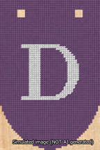 A simulated image of the stitched needlepoint design: Banner 13m Rounded D White on Purple. Not A.I. generated.