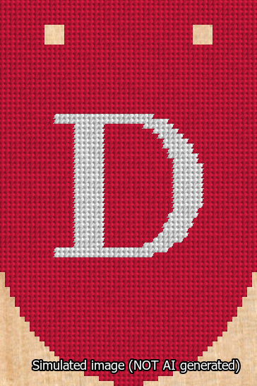 A simulated image of the stitched needlepoint design: Banner 13m Rounded D White on Red. Not A.I. generated.
