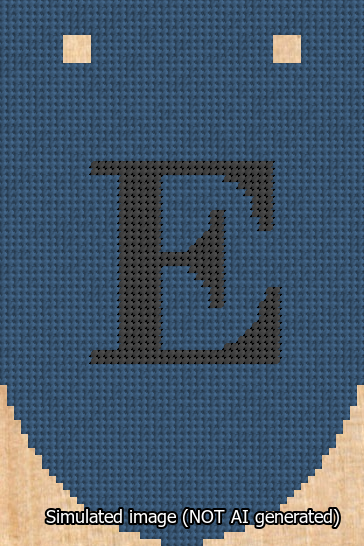 A simulated image of the stitched needlepoint design: Banner 13m Rounded E Black on Blue. Not A.I. generated.