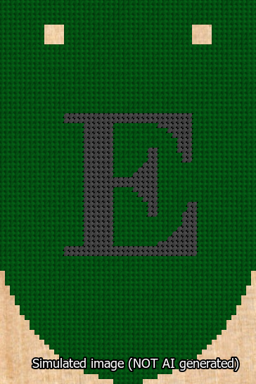 A simulated image of the stitched needlepoint design: Banner 13m Rounded E Black on Green. Not A.I. generated.