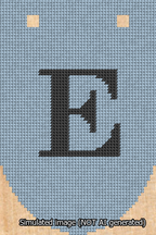A simulated image of the stitched needlepoint design: Banner 13m Rounded E Black on Light Blue. Not A.I. generated.