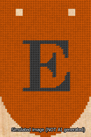 A simulated image of the stitched needlepoint design: Banner 13m Rounded E Black on Orange. Not A.I. generated.