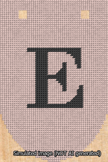 A simulated image of the stitched needlepoint design: Banner 13m Rounded E Black on Pink. Not A.I. generated.