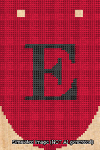 A simulated image of the stitched needlepoint design: Banner 13m Rounded E Black on Red. Not A.I. generated.