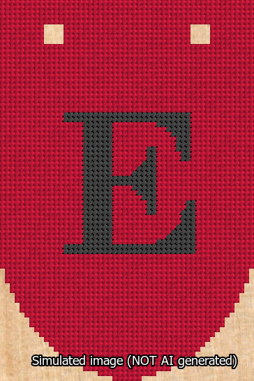 A simulated image of the stitched needlepoint design: Banner 13m Rounded E Black on Red. Not A.I. generated.