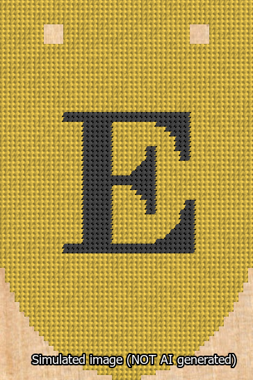 A simulated image of the stitched needlepoint design: Banner 13m Rounded E Black on Yellow. Not A.I. generated.