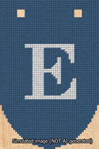 A simulated image of the stitched needlepoint design: Banner 13m Rounded E White on Blue. Not A.I. generated.