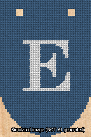 A simulated image of the stitched needlepoint design: Banner 13m Rounded E White on Blue. Not A.I. generated.