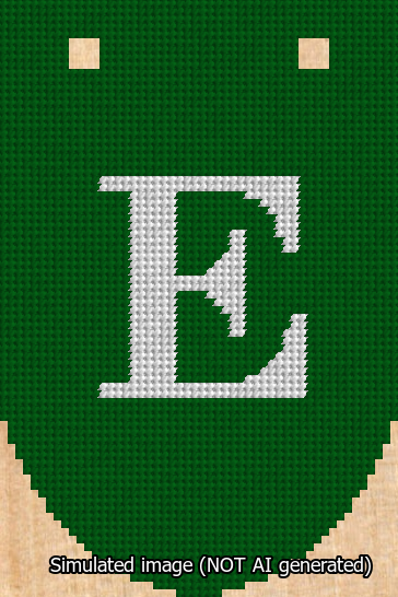 A simulated image of the stitched needlepoint design: Banner 13m Rounded E White on Green. Not A.I. generated.