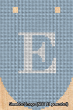 A simulated image of the stitched needlepoint design: Banner 13m Rounded E White on Light Blue. Not A.I. generated.