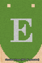 A simulated image of the stitched needlepoint design: Banner 13m Rounded E White on Light Green. Not A.I. generated.