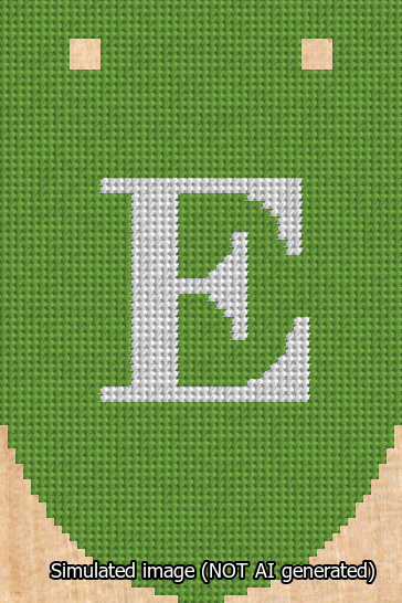 A simulated image of the stitched needlepoint design: Banner 13m Rounded E White on Light Green. Not A.I. generated.