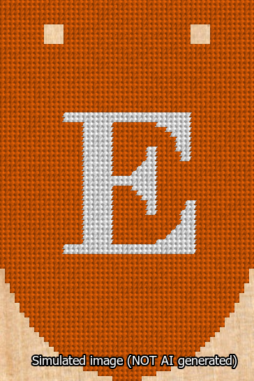 A simulated image of the stitched needlepoint design: Banner 13m Rounded E White on Orange. Not A.I. generated.