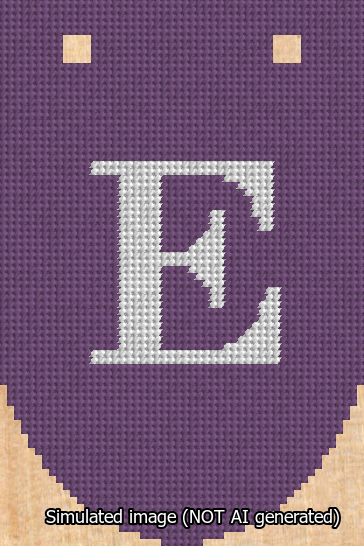 A simulated image of the stitched needlepoint design: Banner 13m Rounded E White on Purple. Not A.I. generated.
