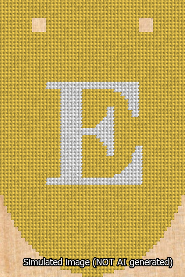 A simulated image of the stitched needlepoint design: Banner 13m Rounded E White on Yellow. Not A.I. generated.
