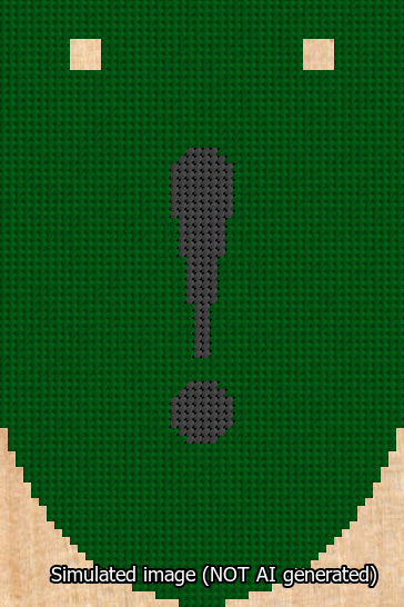 A simulated image of the stitched needlepoint design: Banner 13m Rounded Exclamation Black on Green. Not A.I. generated.