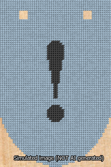 A simulated image of the stitched needlepoint design: Banner 13m Rounded Exclamation Black on Light Blue. Not A.I. generated.