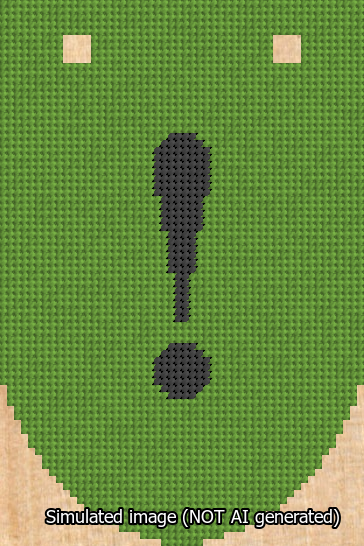 A simulated image of the stitched needlepoint design: Banner 13m Rounded Exclamation Black on Light Green. Not A.I. generated.