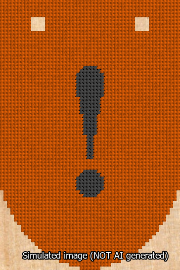 A simulated image of the stitched needlepoint design: Banner 13m Rounded Exclamation Black on Orange. Not A.I. generated.