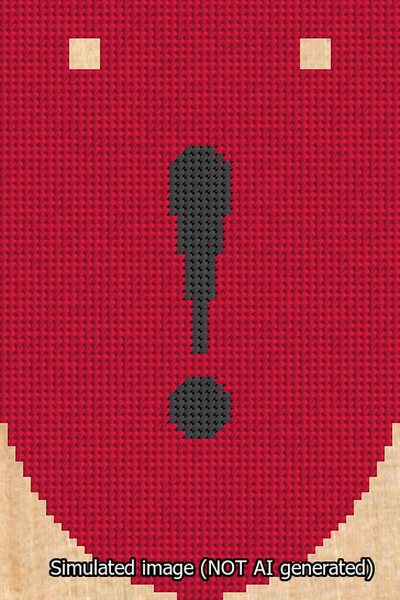 A simulated image of the stitched needlepoint design: Banner 13m Rounded Exclamation Black on Red. Not A.I. generated.
