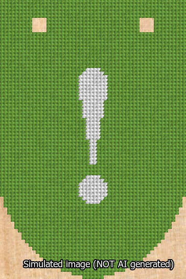 A simulated image of the stitched needlepoint design: Banner 13m Rounded Exclamation White on Light Green. Not A.I. generated.
