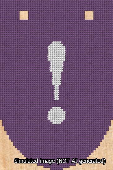 A simulated image of the stitched needlepoint design: Banner 13m Rounded Exclamation White on Purple. Not A.I. generated.