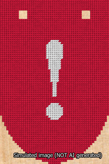 A simulated image of the stitched needlepoint design: Banner 13m Rounded Exclamation White on Red. Not A.I. generated.